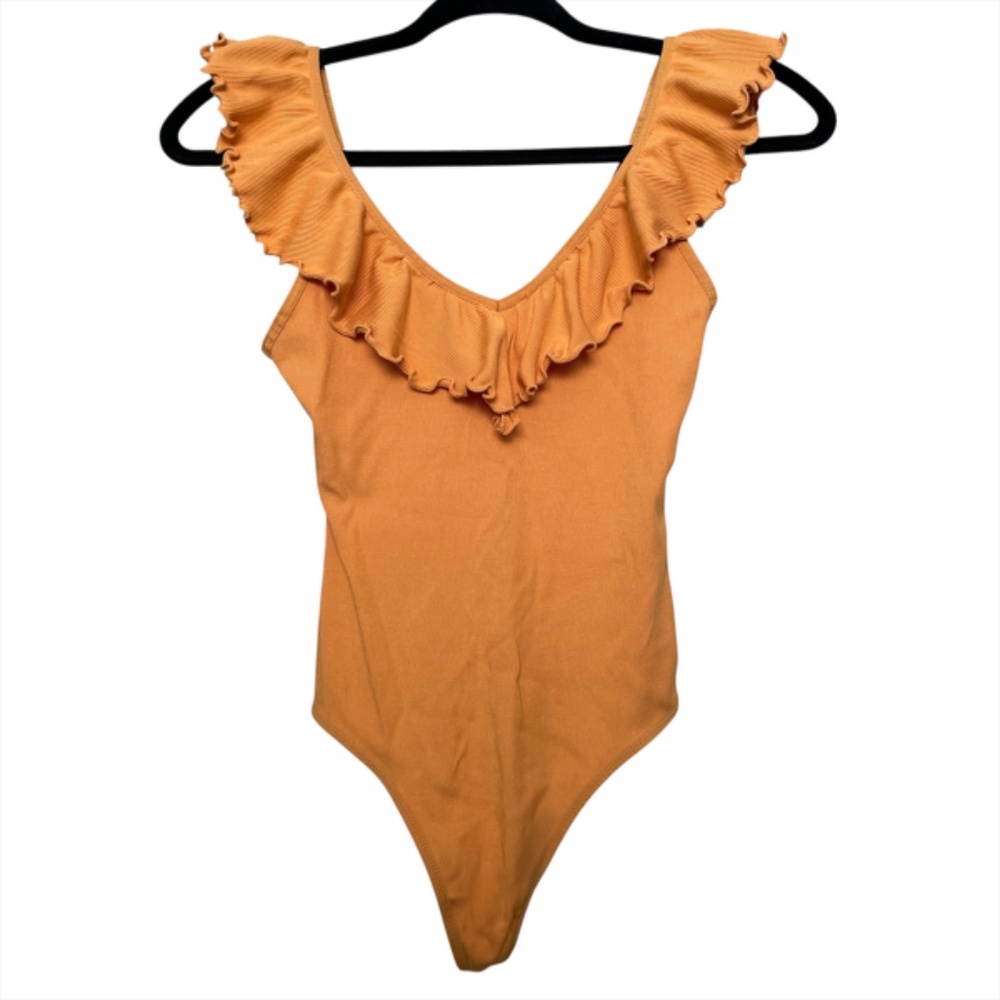 ARITZIA Wilfred ribbed ruffle plunge v-neck thong bodysuit Marigold size small